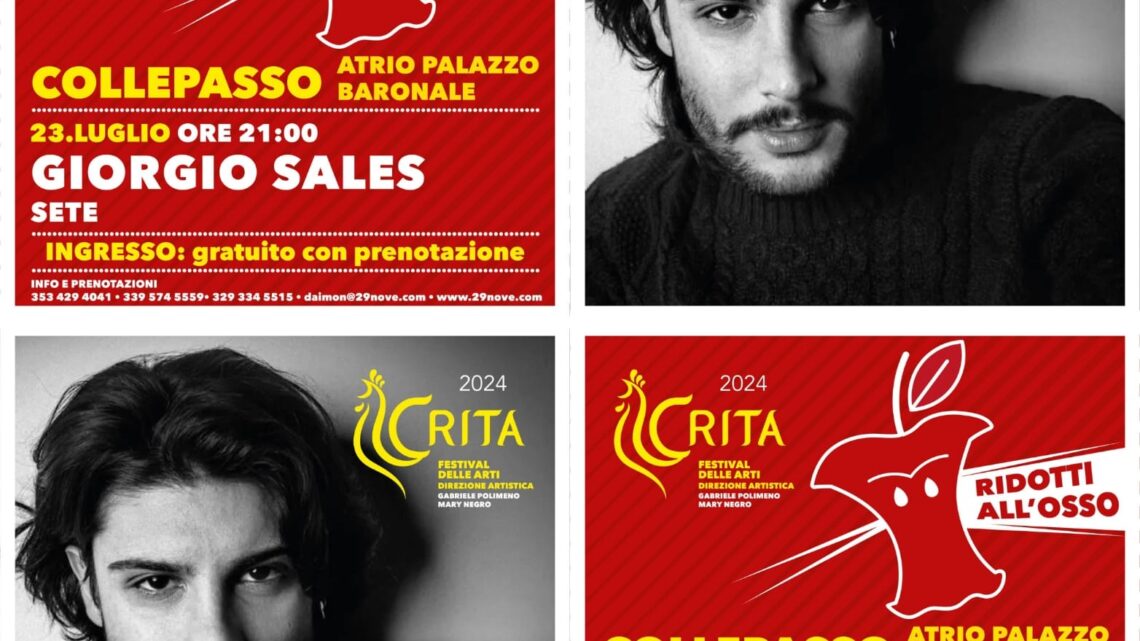 VII edizione “Crita-Festival delle Arti”: a Collepasso il 23 luglio, ore 21 (Palazzo Baronale), “Sete” con Giorgio Sales VII edizione “Crita-Festival delle Arti”: a Collepasso il 23 luglio, ore 21 (Palazzo Baronale), “Sete” con Giorgio Sales