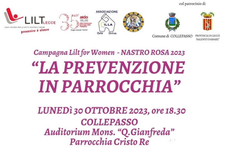 “La prevenzione in parrocchia”, incontro sulla prevenzione dei tumori al seno (30 ottobre, ore 18.30, Auditorium Parrocchia “Cristo Re”) “La prevenzione in parrocchia”, incontro sulla prevenzione dei tumori al seno (30 ottobre, ore 18.30, Auditorium Parrocchia “Cristo Re”)