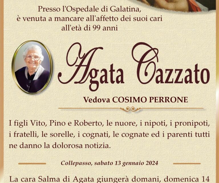 È morta Agata Cazzato, ved. Perrone È morta Agata Cazzato, ved. Perrone