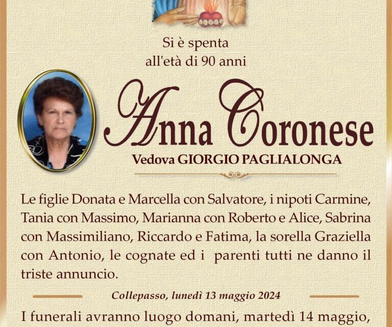È morta Anna Coronese, ved. Paglialonga È morta Anna Coronese, ved. Paglialonga