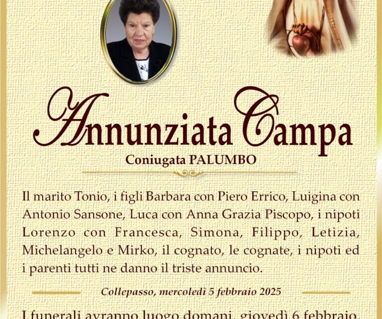 È morta Annunziata Campa in Palumbo È morta Annunziata Campa in Palumbo