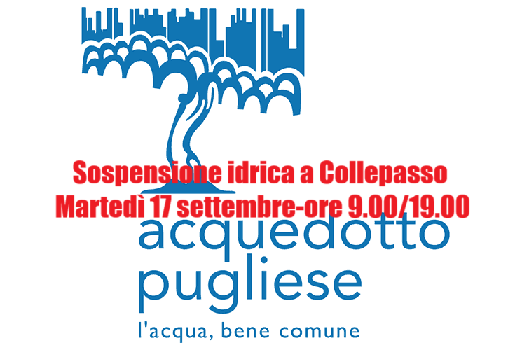 Martedì 17 settembre, a Collepasso, sospensione di erogazione idrica per 10 ore (ore 9-19) Martedì 17 settembre, a Collepasso, sospensione di erogazione idrica per 10 ore (ore 9-19)
