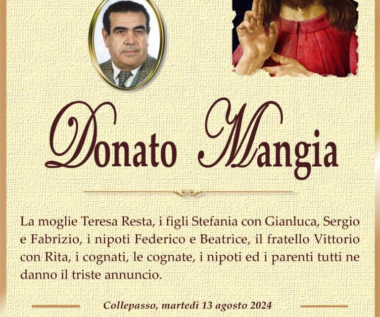 È morto Donato Mangia È morto Donato Mangia