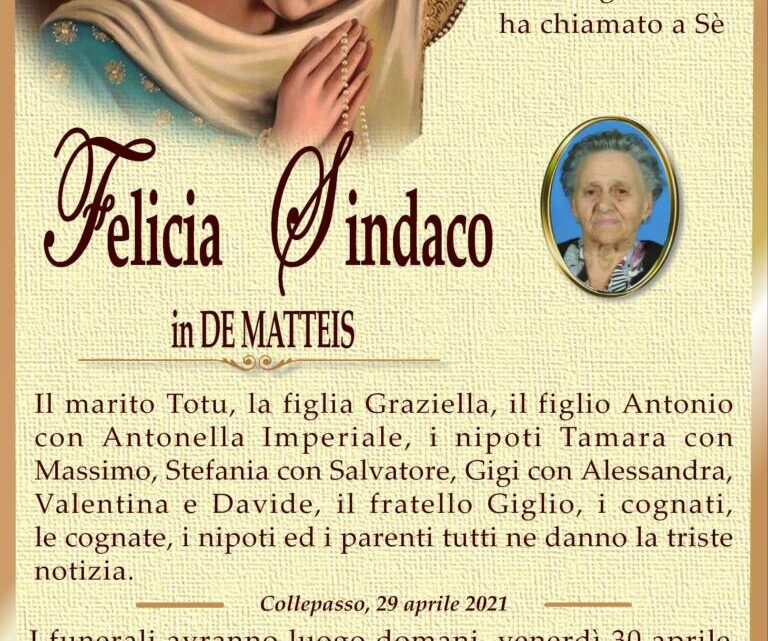 È morta Felicia Sindaco in De Matteis È morta Felicia Sindaco in De Matteis