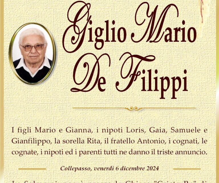 È morto Giglio Mario De Filippi È morto Giglio Mario De Filippi
