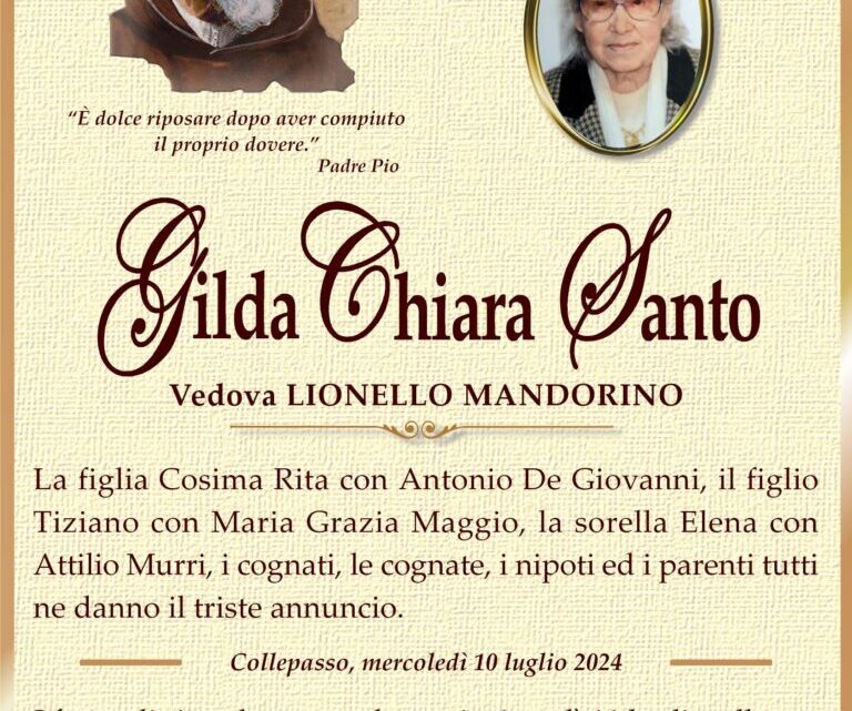 È morta Gilda Chiara Santo, ved. Mandorino È morta Gilda Chiara Santo, ved. Mandorino