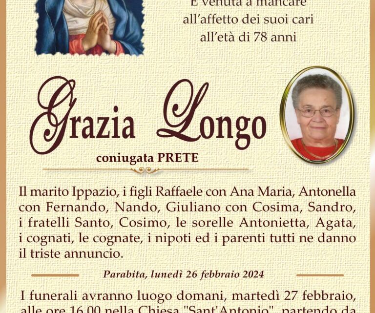 È morta Grazia Longo in Prete È morta Grazia Longo in Prete
