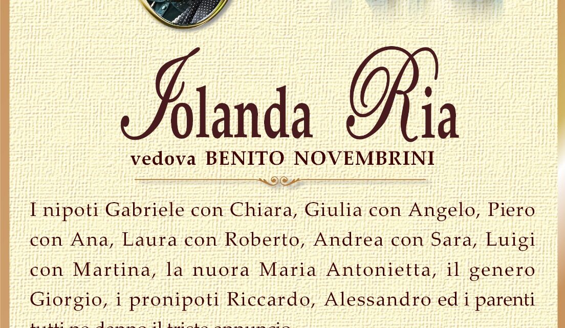È morta Iolanda Ria, ved. Novembrini È morta Iolanda Ria, ved. Novembrini