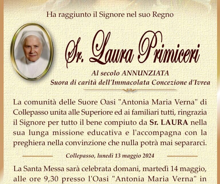 È morta Sr. Laura Primiceri È morta Sr. Laura Primiceri