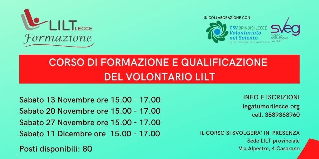 La Lega contro i Tumori organizza a Casarano un corso di formazione e qualificazione del volontario La Lega contro i Tumori organizza a Casarano un corso di formazione e qualificazione del volontario
