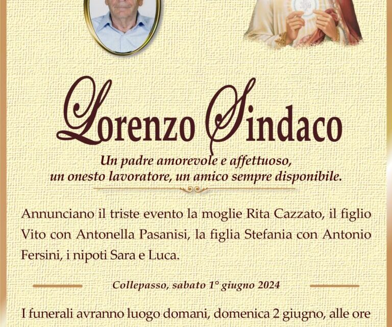 È morto Lorenzo Sindaco È morto Lorenzo Sindaco