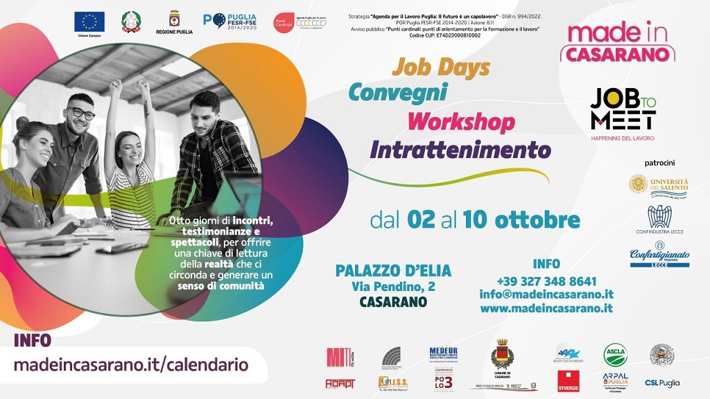 Dal 2 al 10 ottobre “Job to Meet – Happening del lavoro” a Casarano Dal 2 al 10 ottobre “Job to Meet – Happening del lavoro” a Casarano