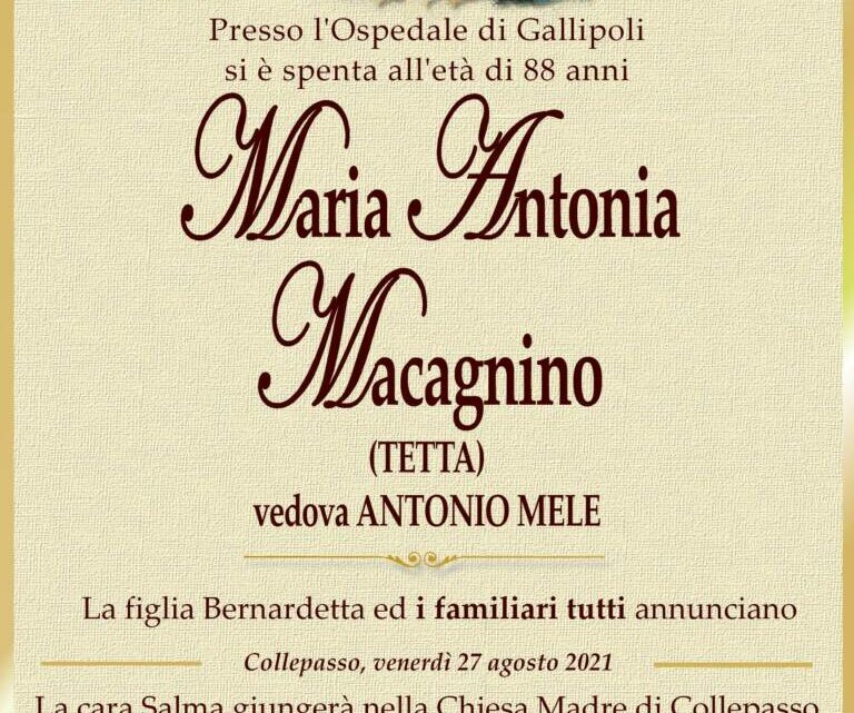 È morta Maria Antonia Macagnino, ved. Mele È morta Maria Antonia Macagnino, ved. Mele