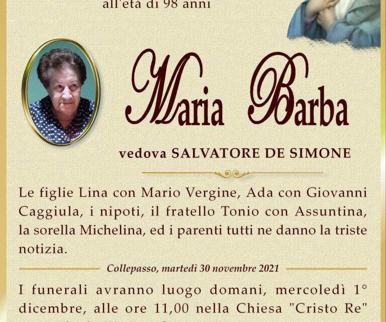 È morta Maria Barba, ved. De Simone