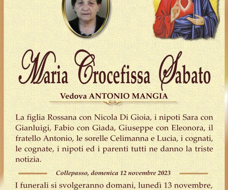 È morta Maria Crocefissa Sabato, ved. Mangia È morta Maria Crocefissa Sabato, ved. Mangia