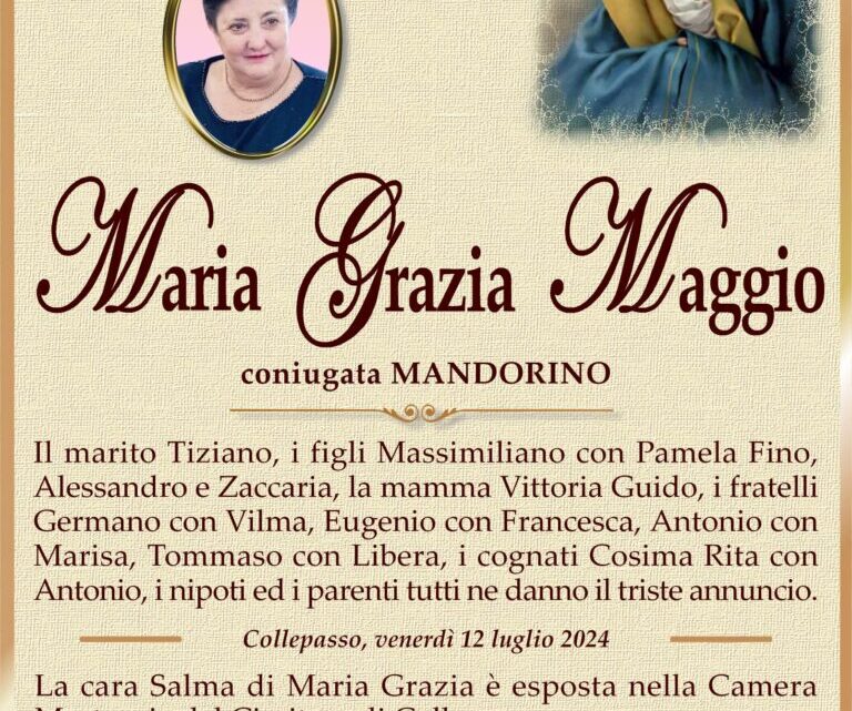 È morta Maria Grazia Maggio in Mandorino È morta Maria Grazia Maggio in Mandorino