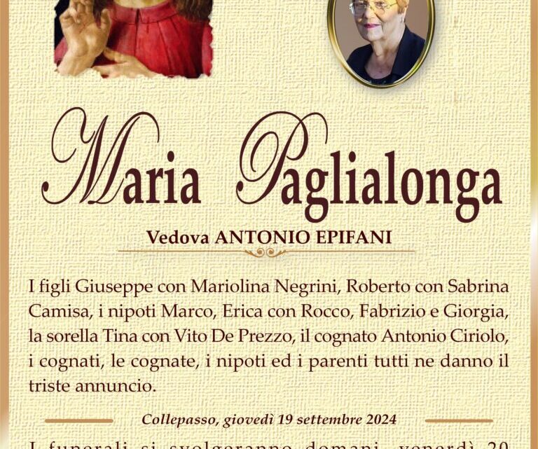 È morta Maria Paglialonga, ved. Epifani È morta Maria Paglialonga, ved. Epifani