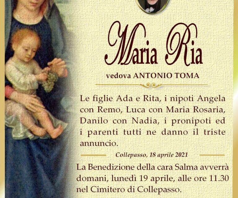 È morta Maria Ria, ved. Toma È morta Maria Ria, ved. Toma