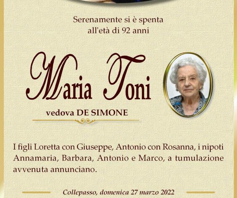 È morta Maria Toni, ved. De Simone È morta Maria Toni, ved. De Simone