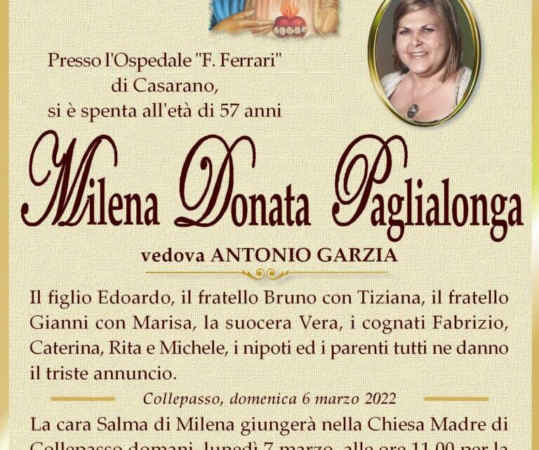 È morta Milena Donata Paglialonga, ved. Garzia È morta Milena Donata Paglialonga, ved. Garzia