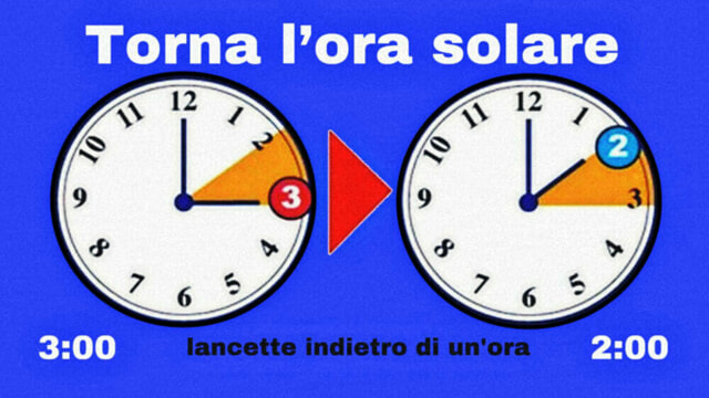 Torna l’ora solare nella notte tra sabato 28 e domenica 29 ottobre Torna l’ora solare nella notte tra sabato 28 e domenica 29 ottobre