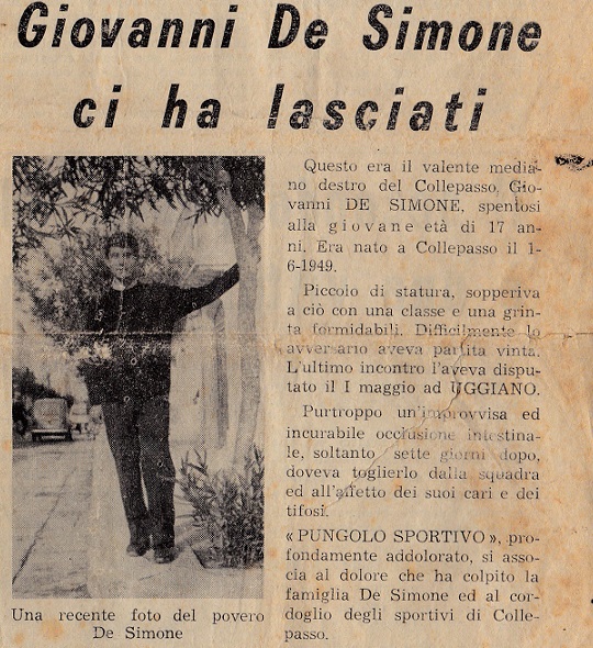 La notizia della scomparsa di Giovanni De Simone sulle pagine del “PUNGOLO SPORTIVO”, noto settimanale salentino del tempo, diretto da Tommaso Corallo