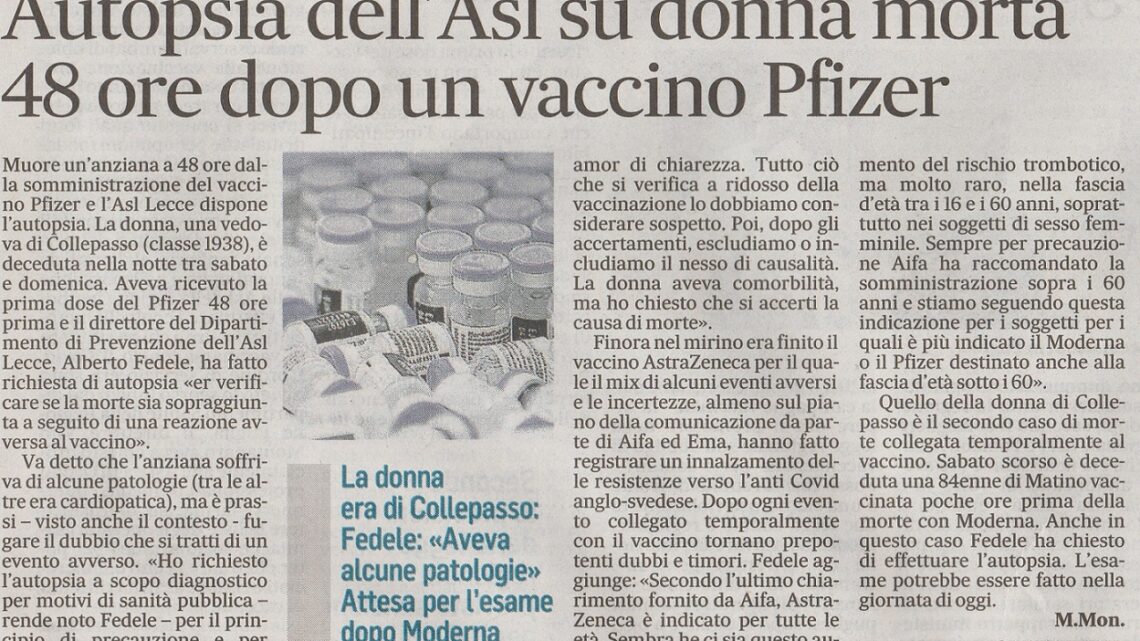 Anziana di Collepasso muore dopo il vaccino: l’Asl dispone per precauzione l’autopsia Anziana di Collepasso muore dopo il vaccino: l’Asl dispone per precauzione l’autopsia