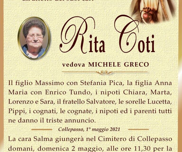 È morta Rita Coti, ved. Greco È morta Rita Coti, ved. Greco