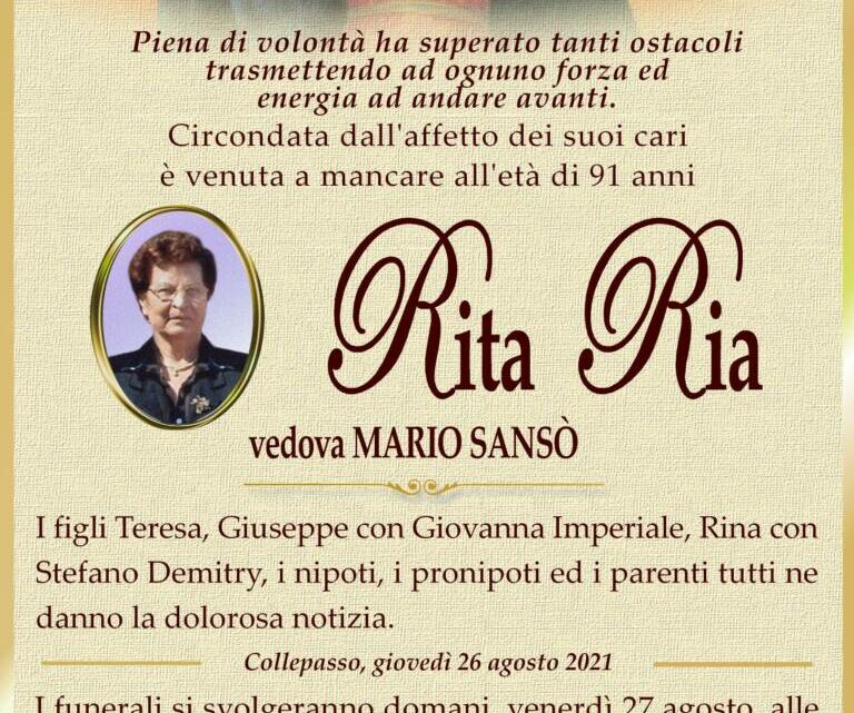 È morta Rita Ria, ved. Sansò È morta Rita Ria, ved. Sansò