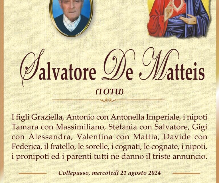 È morto Salvatore “Totu” De Matteis È morto Salvatore “Totu” De Matteis