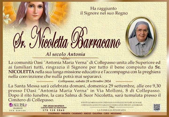 È morta Sr. Nicoletta Barracano È morta Sr. Nicoletta Barracano