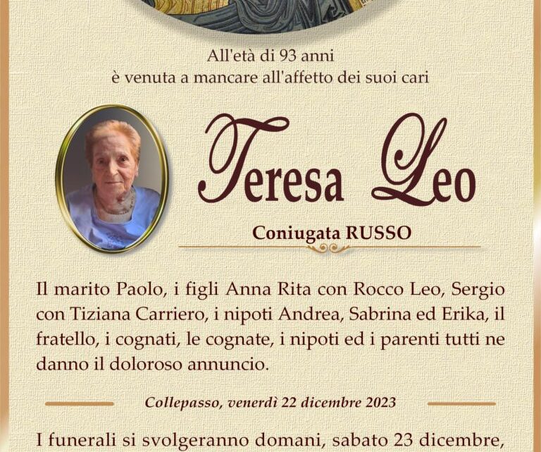 È morta Teresa Leo in Russo È morta Teresa Leo in Russo