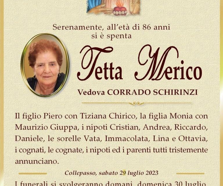 È morta Tetta Merico, ved. Schirinzi