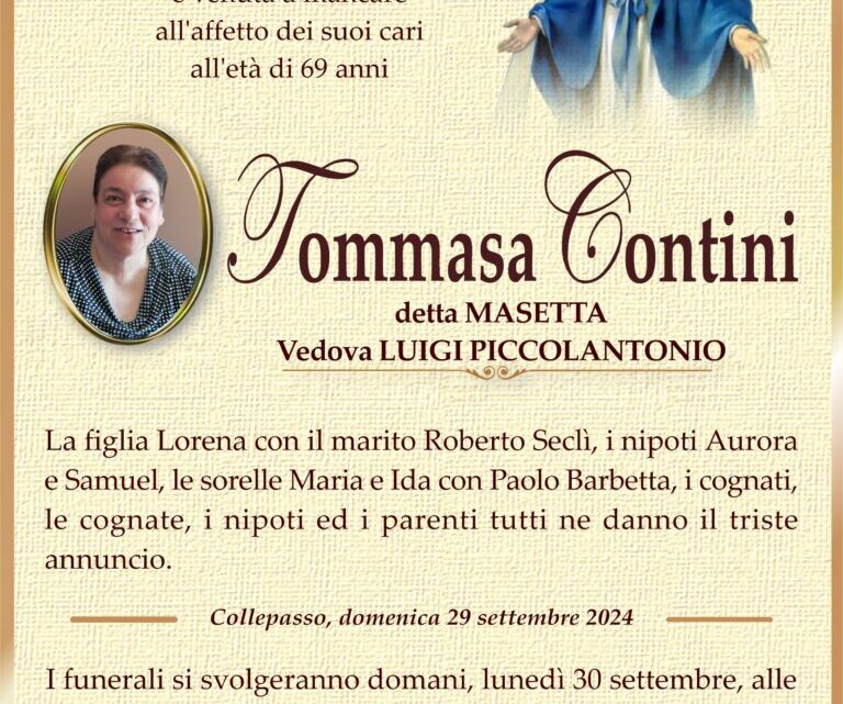 È morta Tommasa Contini, ved. Piccolantonio È morta Tommasa Contini, ved. Piccolantonio