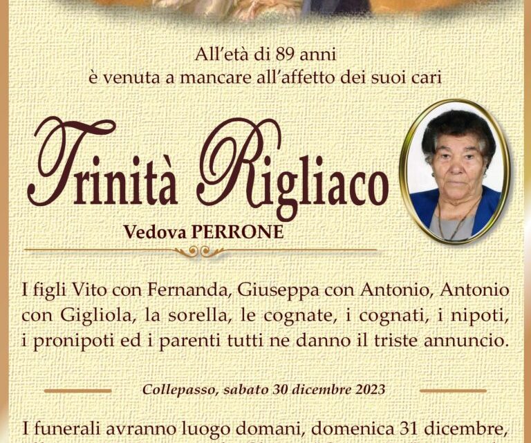 È morta Trinità Rigliaco, ved. Perrone È morta Trinità Rigliaco, ved. Perrone