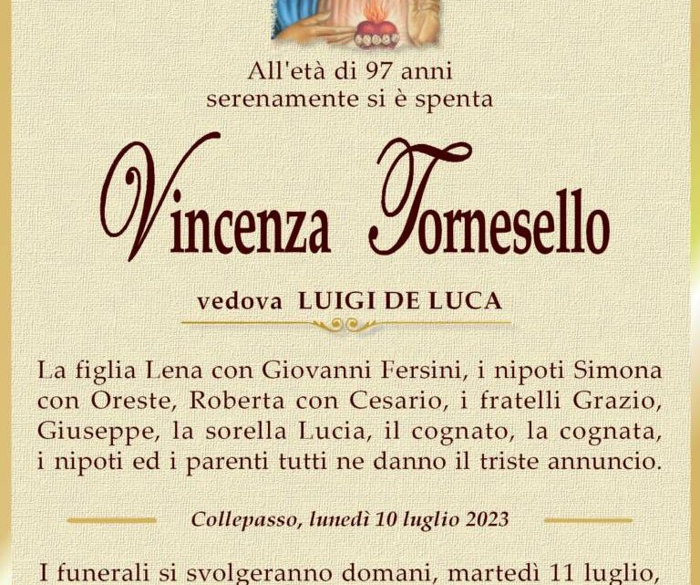 È morta Vincenza Tornesello, ved. De Luca È morta Vincenza Tornesello, ved. De Luca
