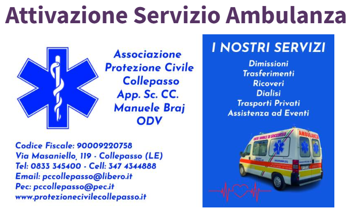Da lunedì 11 novembre sarà attivo tutti i giorni il Servizio Ambulanza della Protezione Civile Collepasso Da lunedì 11 novembre sarà attivo tutti i giorni il Servizio Ambulanza della Protezione Civile Collepasso