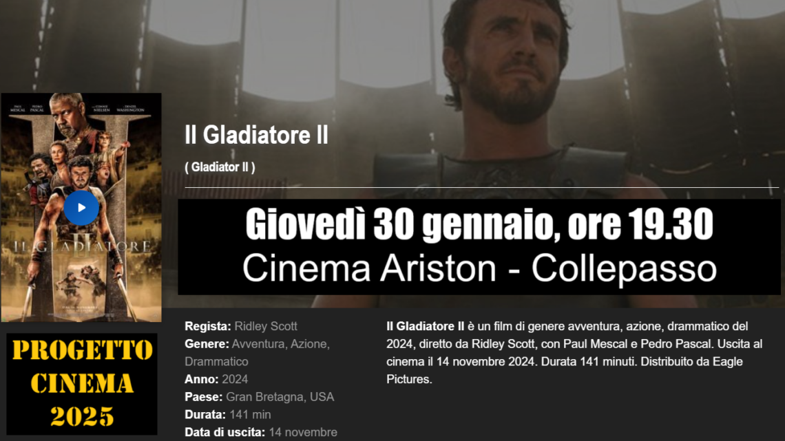 Progetto Cinema 2025: “Il gladiatore II” di Ridley Scott (30 gennaio, ore 19.30). Omaggio a don Celestino, ideatore nel 1969 del Cineforum Progetto Cinema 2025: “Il gladiatore II” di Ridley Scott (30 gennaio, ore 19.30). Omaggio a don Celestino, ideatore nel 1969 del Cineforum